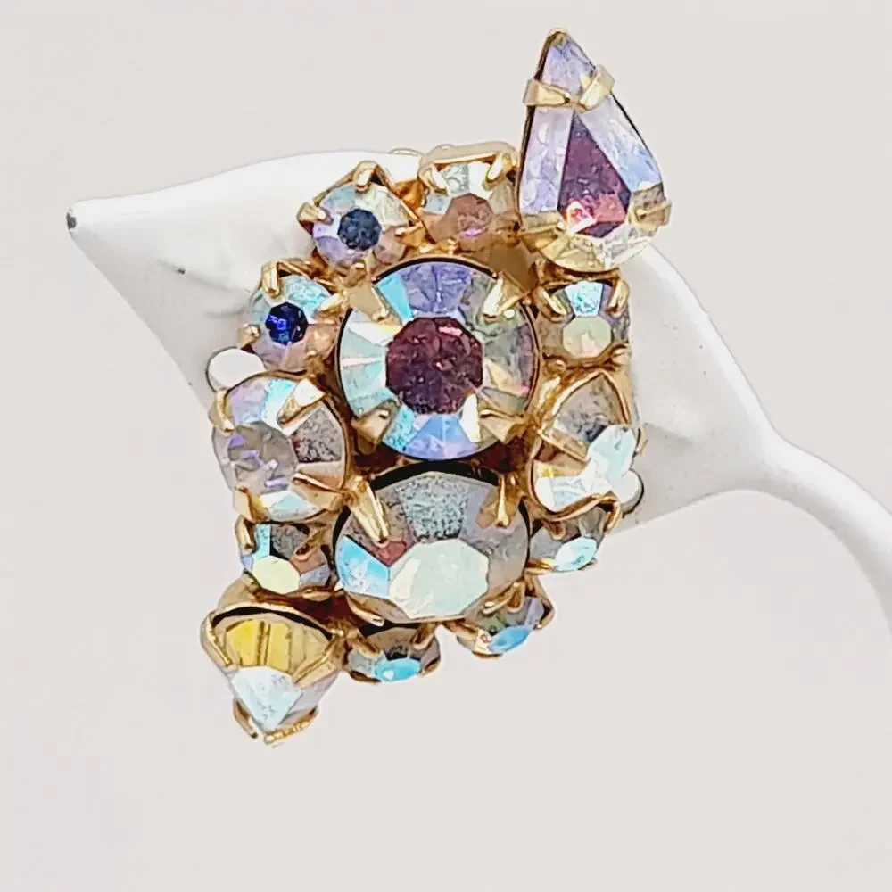 Vintage 1960s Aurora Borealis Rhinestone Clip Earrings Gold Tone